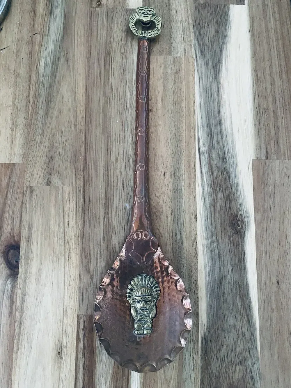 Large 13” Aztec Mayan Copper Plate Spoon Antique Vintage Big